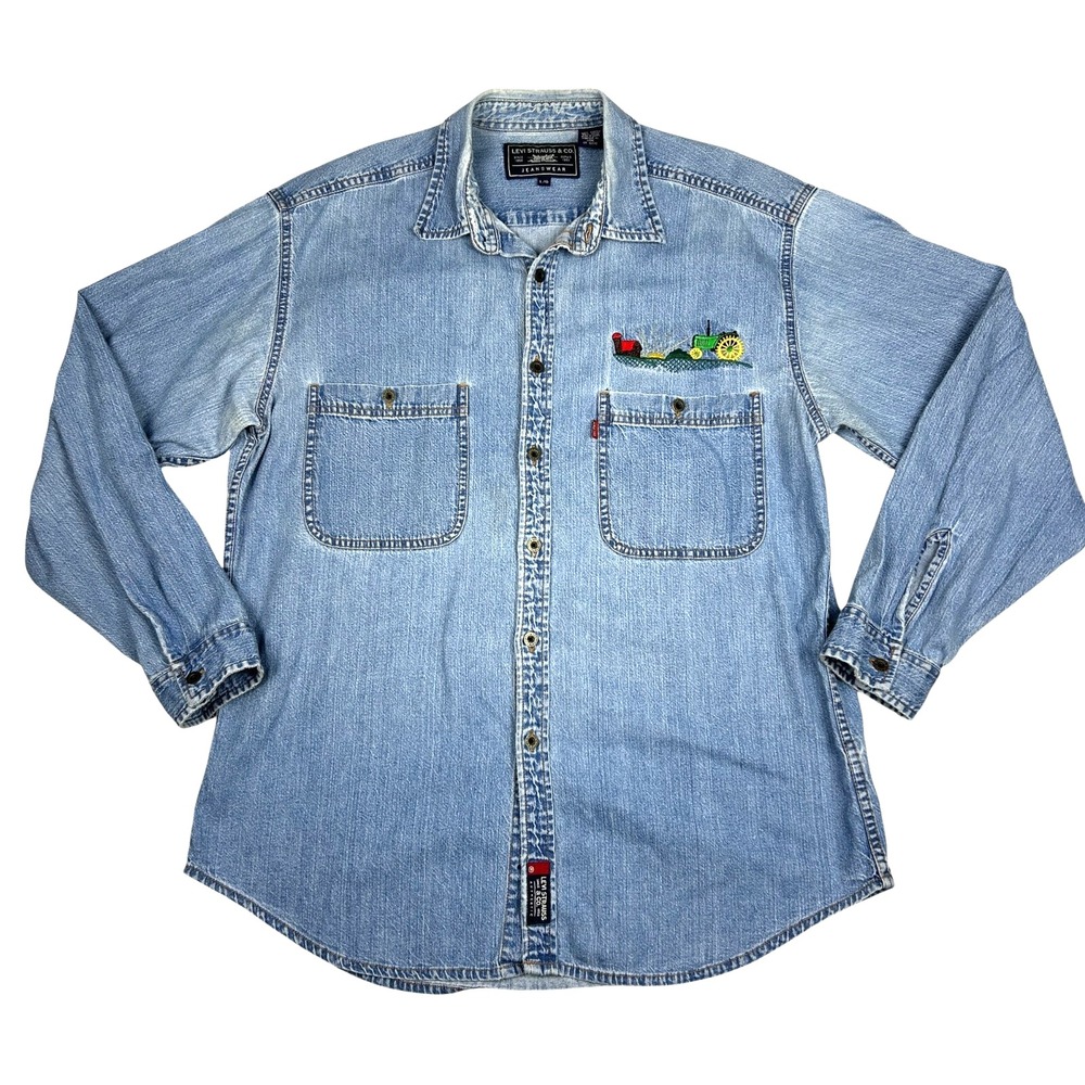 Levi's Denim Shirt Button Up Mens L Vintage Embroidered Tractor‎ Workwear